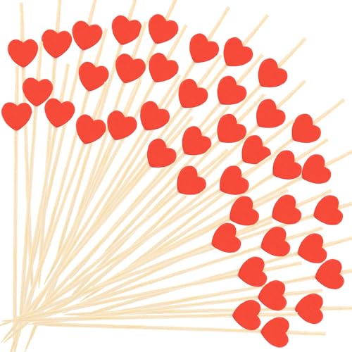 100Pcs Heart Cocktail Picks, Valentines Day Red Heart Bamboo Toothpicks Cocktail Sticks for Appetizers Fruit Food Drink Cake Valentine's Day Wedding Birthday Party Decoration, 4.7Inch