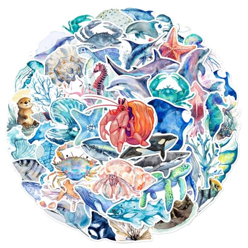 50pcs Ocean Animal Stickers for Water Bottles Waterproof Adhesive Fish Decals Under The Sea Marine Life Stickers Ocean Stickers for Kids for Birthday Party Scrapbook Skateboard Phone Laptop