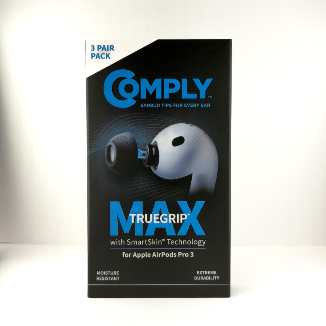 Comply TrueGrip MAX wymienne zatyczki do uszu z pianki z pamięcią kształtu do Apple AirPods Pro (3 generacji), technologia SmartSkin, doskonała izolacja akustyczna, czarne, sortowane S/M/L, 3 pary