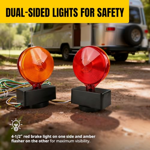 Image of MAXXHAUL 12V Magnetic Towing Light Kit - Dual Sided Red Brake & Amber Flasher - For RVs, Utility Trailers, Boat Trailers, Flatbeds and More (80778)