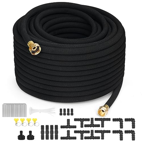 MHMHM Heavy Duty Soaker Hose 150FT 1/2 Inch Rubber Garden Drip Irrigation Hose with Solid Brass Connector Water Saving Linkable Soaker Hose for Garden Bed Flower Vegetable Lawn