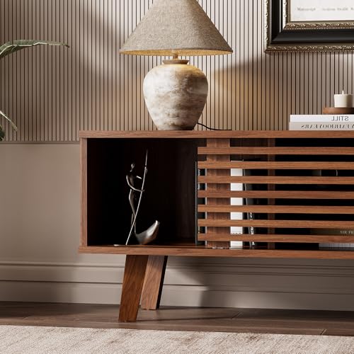 Image of Furniway Mid Century Modern TV Stand for 50 /55 /60 inch TV, Entertainment Center with Storage & Sliding Door, Wood Media Console, TV Stand for Living Room, Bedroom, Walnut