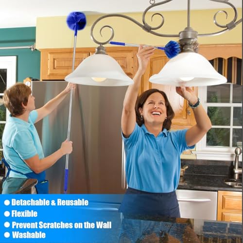 Image of 3 in 1 Microfiber Feather Duster Bendable & Extendable Pole 30-100 Inch Extra Long Extension Pole for Cleaning High Cobweb Stick High Ceiling Fan - Stainless Steel,Blue