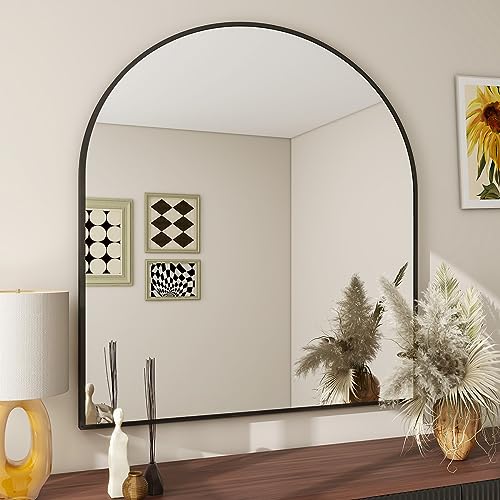 Image of BEAUTYPEAK 32 inchx34 inch Arch Bathroom Mirror, Wall Mounted Vanity Metal Frame Mirror for Bedroom, Entryway, Living Room, Black