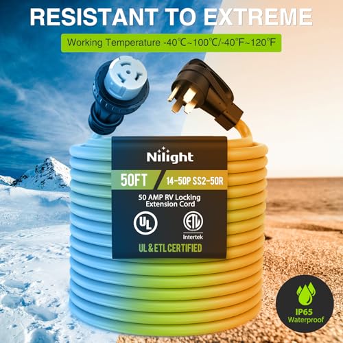 Image of Nilight 50FT 50 Amp RV Locking Extension Cord 250V Heavy Duty 6 /3+8 /1 Gauge Pure Copper STW Wire UL ETL Listed 4 Prong 14-50P SS2-50R Weatherproof Suit for Camper Caravan Trailer Bright Green