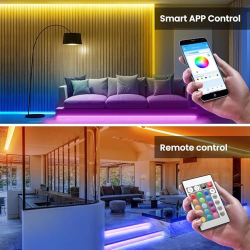 Image of TJOY 200ft Bluetooth LED Strip Lights, Long Strip Lighting Music Sync, RGB Color Changing LED Lights for Bedroom with Remote,Smart Phone APP Control, Ceiling Living Room Decor (APP+Remote+Mic /2 Roll)