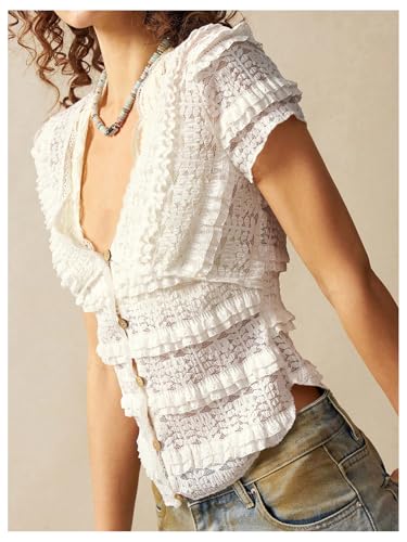 GORGLITTER Women's Button Up Lace Ruffle Shirt Short Sleeve Deep V Neck Layered Frill Trim Tops2