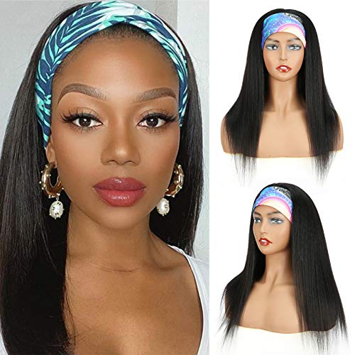 Headband Wigs Straight Yaki Wig Blend Human Hair Glueless Headband Wig Straight Hair Wigs for Black Women(18" natural black color)