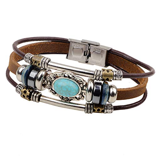 Geflochtenes Armband Für Frauen,Vintage geflochtenes Seil Armreif braun mehrschichtige Leder Perlen Türkis Böhmen gewebte Armbänder für Männer Frauen Kind Freund handgemachte Schmuck Geschenk