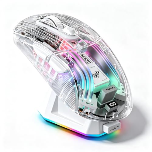 Image of RGB Magnetic Charging Dock Gaming Mouse, 12K DPI, PAW3311 Sensor, Tri-Mode Wireless, 6 Programmable Buttons, Ultra-Light 72g for PC /Mac (White- Transparent)