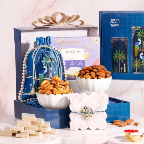 IGP Krishna Rakhi Present Hamper | Same Day Delivery | Kaju Katli, Peri Peri Almonds, Thai Chilli Cashews, Peacock Potli, Roli Chawal Gift Box | Raksha Bandhan Present for Brothers & Sisters
