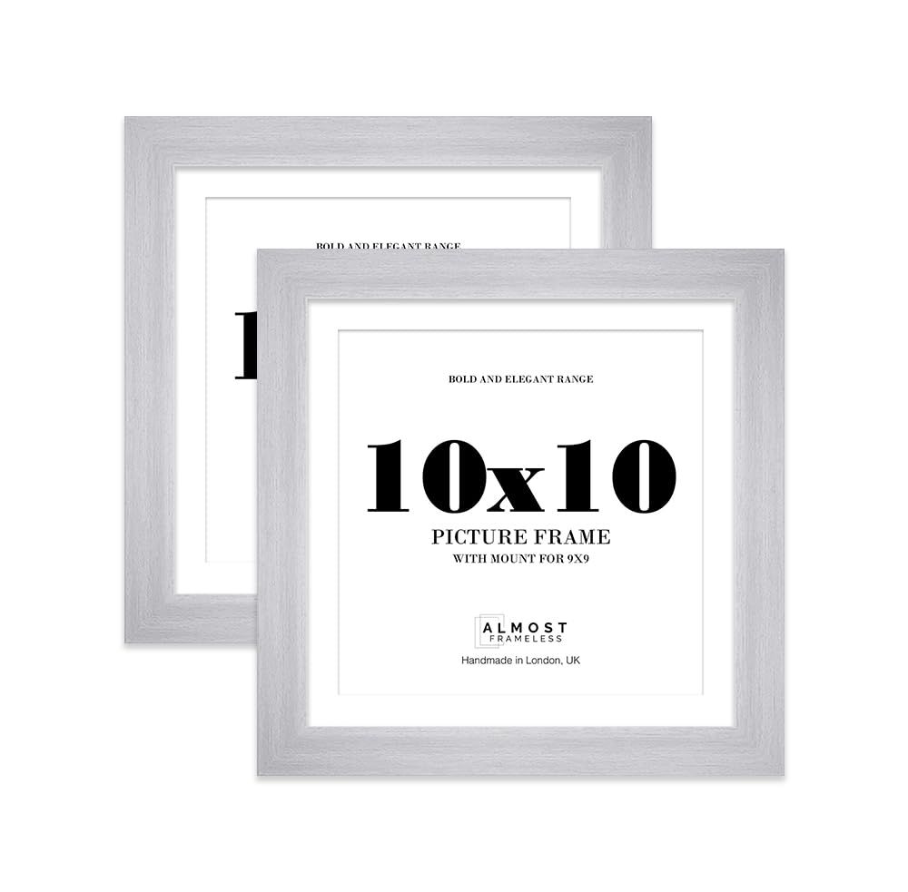10x10" Silver Square Frame With Mount for 9x9" Pictures 28mm Edge Frame Display with Wall Hooks and Kickstand, 2 Pack
