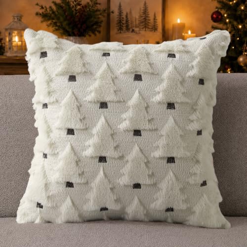 Image of Allorry Christmas Pillow Covers 16x16 inch Set of 2 Christmas Decorations Soft Plush Faux Fur Wool Cream White Christmas Tree Throw Pillow Cases Winter Holiday Decor for Sofa Living Room PT-002D16