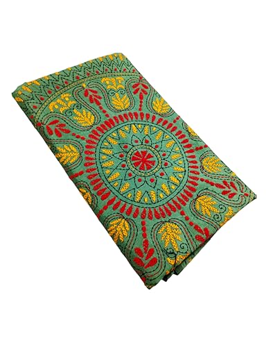 Image of SHRISTI CLOTHINGS Women's Hand Embroidered Cotton Silk Kantha Stitch Saree with Blouse Piece (J420724 BAYLEAFGREEN)