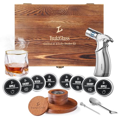 TSUKIGLASS® Whiskey Smoker Kit with Torch – 8 Wood Chip Flavors (200+ Drinks), Cocktail Smoker...