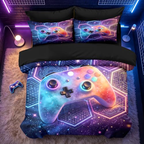 Image of NINENINE Gaming Comforter Sets, Gradient Honeycomb Galaxy Gaming Bedding 5PCS Queen Size Comforter Sets for Boys Gamer (1Comforter, 1Flat Sheet, 1Fitted Sheet, 2Pillowcases)
