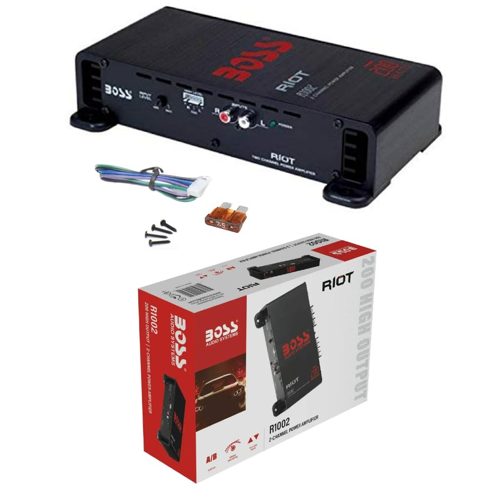 KIT SET amplificatore PER BOSS AUDIO SYSTEMS RIOT R1002 1 amplificatore stereofonico 2 canali, full-range, 200 watt max, classe a/b, per auto, 1 pezzo + cavo high level e fusibile omaggio