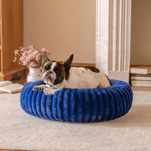 MEWOOFUN Hunde-Donut-Betten für kleine Hunde, beruhigendes Hundebett, rundes süßes Welpenbett mit Rutschfester Unterseite, Flauschiges (Marineblau, 76x76x20cm)