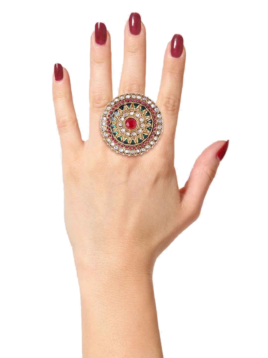 Gold-Plated Stone-Studded Adjustable Finger Ring
