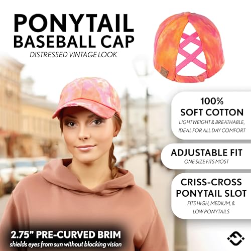 Funky Junque Women's Distressed Ponytail Trucker Hat with Criss Cross Ponytail Hole Messy Bun Ball Cap High Bun American Flag - Tie Dye - Hot Pink Mix