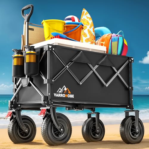 Big Rubber Wheels Beach Wagon Cart Foldable, 9x3 All-Terrain Wheels, Heavy Duty Collapsible Utility...