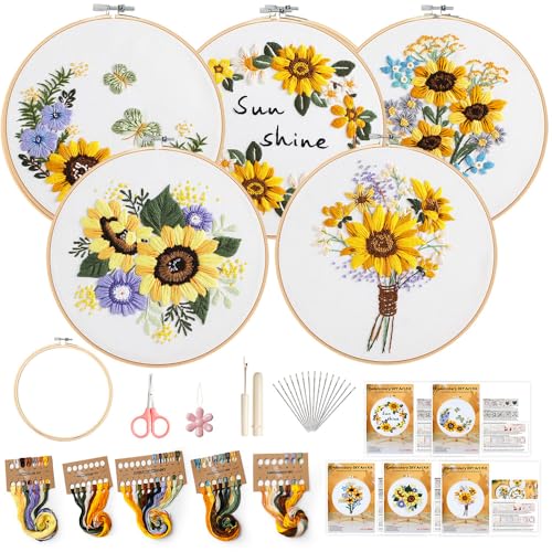 Image of 5 Pack embroidery kit for beginners Adults DIY Starter Kit,Sunflower Gifts for Women Cross Stitch Kits with Flower Stamped Patterns, Embroidery Hoop, Tools,Colorful Threads,Hand Craft Lover Gift