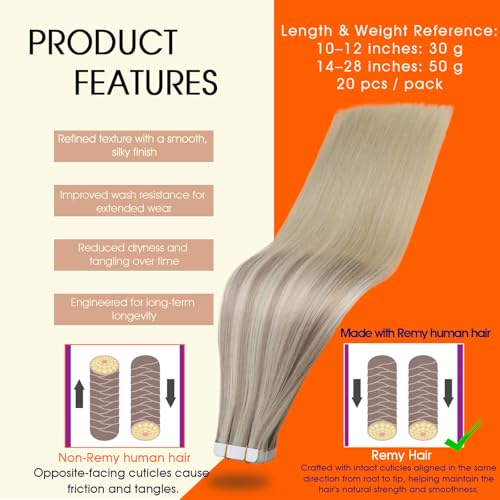 Image of Full Shine Tape in Hair Extensions Human Hair 12Inch Color 18 Ash Blonde Ombre 22 And 60 Platinum Blonde Human Hair Tape in Extensions Invisible Remy Silky Straight Skin Weft 30G 20Pcs Double Sided
