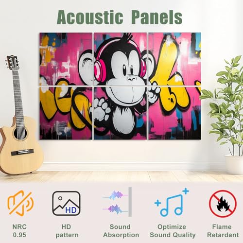 6 Pack Paneles Acústicos Arte Absorbentes de Sonido Graffiti Mono Auriculares Estilo Pop Decorativos Rosa para Paredes Aislantes para Estudios de Grabación y Oficina 72"x48" miniatura 3