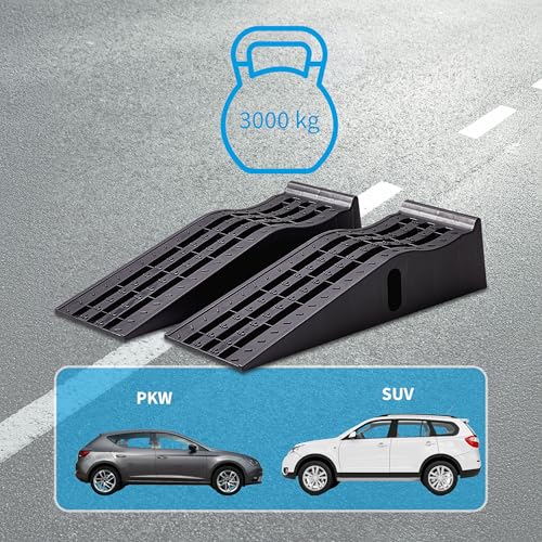 cartrend PKW Auffahrrampen-Set 3 Tonnen, bis 235 mm, Hebebühne, Kunststoff Kfz Rampe, mit Überfahrschutz, 2 Stück