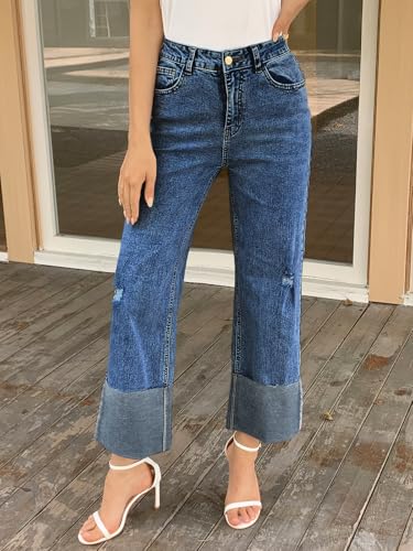 Cicy Bell Womens Wide Straight Leg Jeans High Waisted Trendy Cuffed Hem Distressed Vintage Denim Pants2