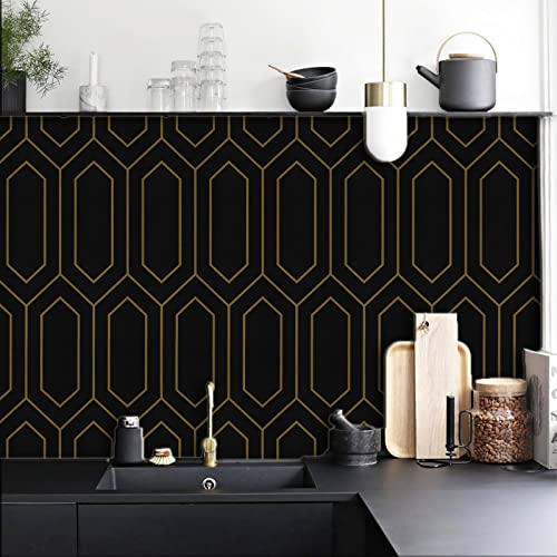 VANISA Papier peint géométrique noir et doré à décoller et à coller - 44 x 300 cm -Papier de contact texturé doré et noir - Papier peint amovible pour meubles muraux Cover
