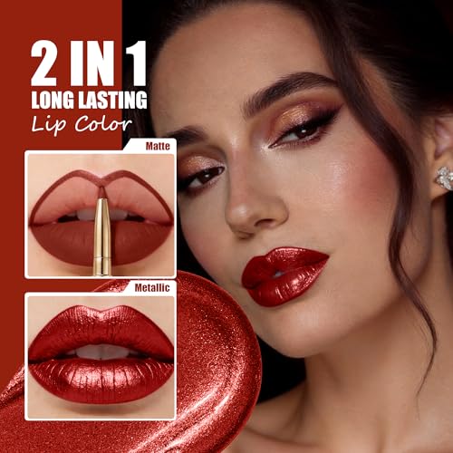 Image of Dark Red Metallic Lipstick and Lip Liner Combo Glitter Lipsticks for Women | 2in1 Metallic Lip Gloss Shimmer Stain Waterproof Smudgeproof Long Lasting Lipsticks,GB14 Passion