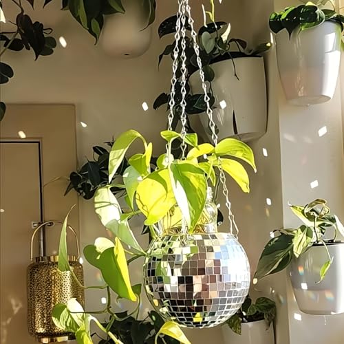 Hanging Disco Ball Planter - Sliver Disco Mirror Planter with Chain - Home Boho Hanger for Indoor Outdoor Desk Office Balcony Includes Self Watering Insert Disco Ball Decor