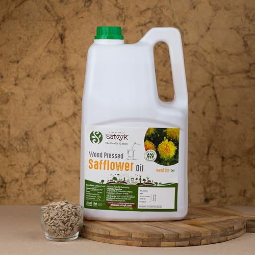 Image of S Siddhagiri's SATVYK THE HEALTH re STORE Wood Pressed Safflower Oil (5Ltr Can) - | Unrefined | Kachi Ghani Kardai Tel | Kolhu Safflower Oil | Extracted on Wooden Churner | Ideal Oil for Cooking
