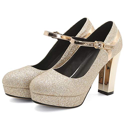 AIMODOR Womens Mary Jane Platform Chunky High Heel Ankle Strap Pumps2