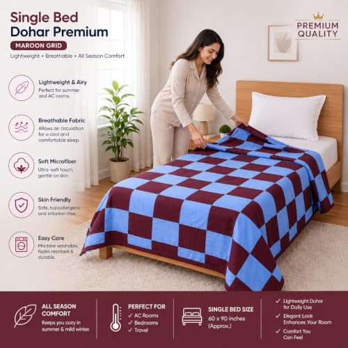 Image of Single Bed Dohar Premium Maroon Grid | Lightweight Summer Quilt | Soft Microfiber AC Blanket | Breathable All Season Comforter | Skin Friendly Bed Cover