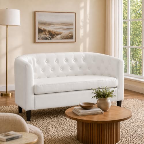 Naomi Home Emma Faux Leather Loveseat Sofa - Tufted Barrel- White