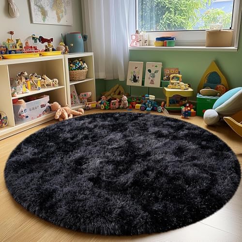 Image of Premium Round Shaggy Carpet Plain Fur Rugs for Hall and Drawing Room 7x7 Feet Microfiber & Polyster Modern Interior Floor Mat Dark Grey