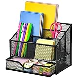 Marbrasse Upgraded Mesh Desk Supplies Organizer with Drawer, Office Desktop Organizers and Accessories, Desk Stationery Organizer Caddy for School, 4 Compartments Pencil Holder (Black)