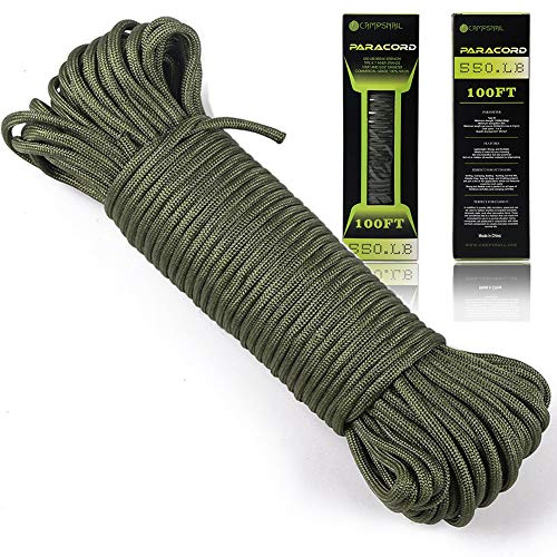 CAMPSNAIL 550 Paracord Lanyard Parachute Cord - Type III 7 Strand 100% Nylon Rope (Army Green, 100ft)