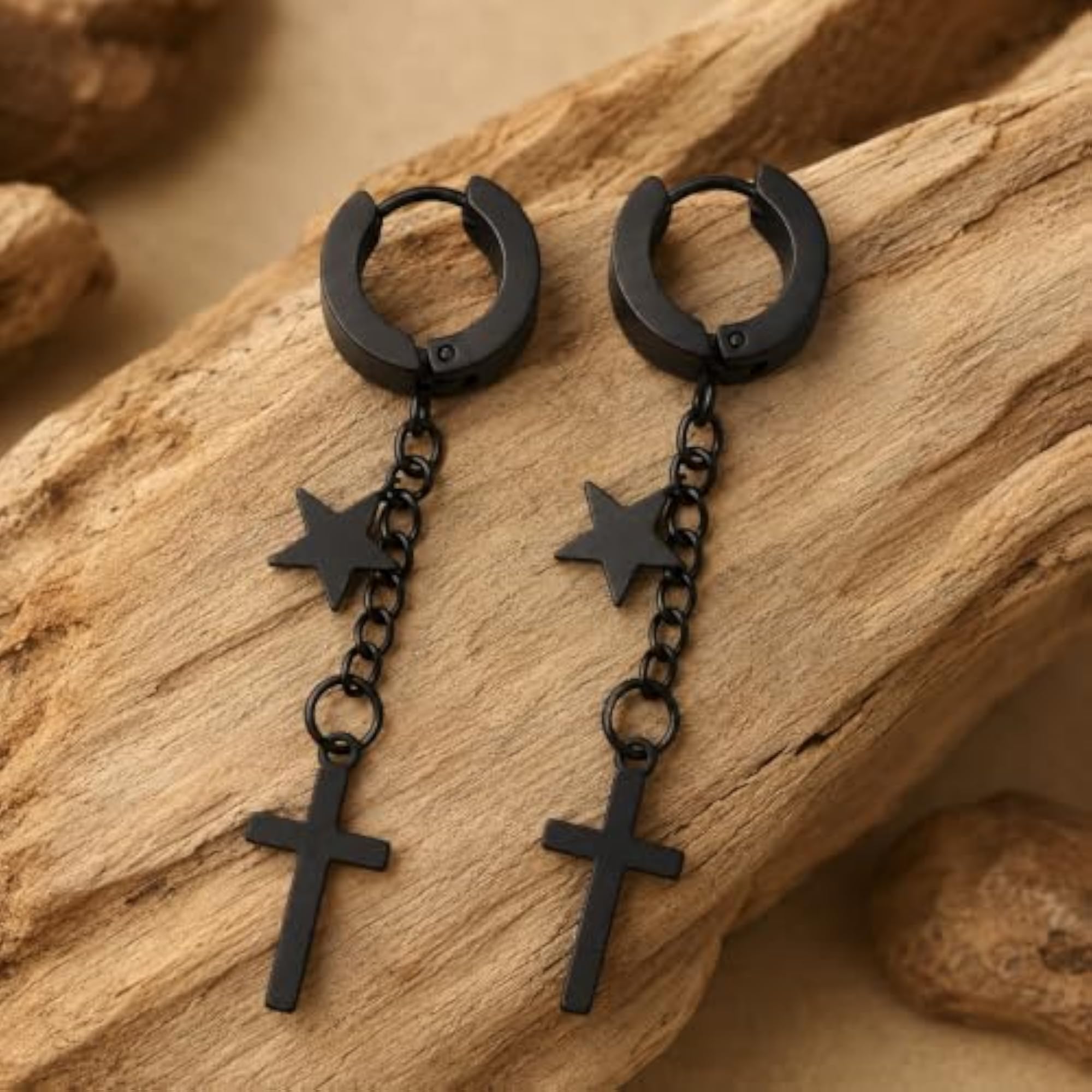 Religious Jesus Cross & Star Double Chain Charm Drop Hoop Earrings