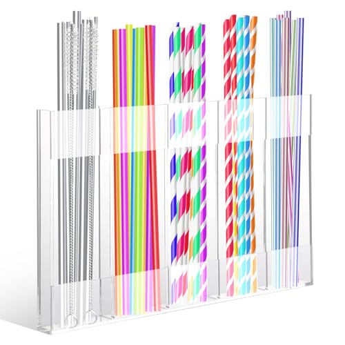 MOXIMAOYI Acrylic Straw Holder Reusable Straw Organizer with Double Sided Adhesive Tape Straws Dispenser for Cabinet Kitchen Door (transparent)