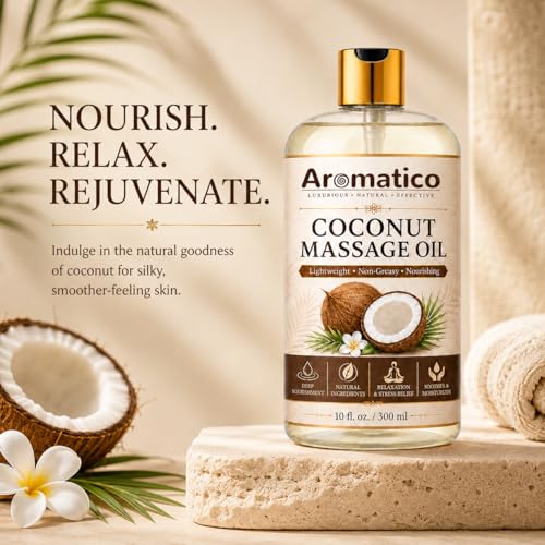 Image of AROMATICO Coconut Massage Oil for Body Massage, Lightweight Moisturizing Body Oil, Spa Massage Oil for Dry Skin, Relaxing Routine and Daily Body Care - 300ml