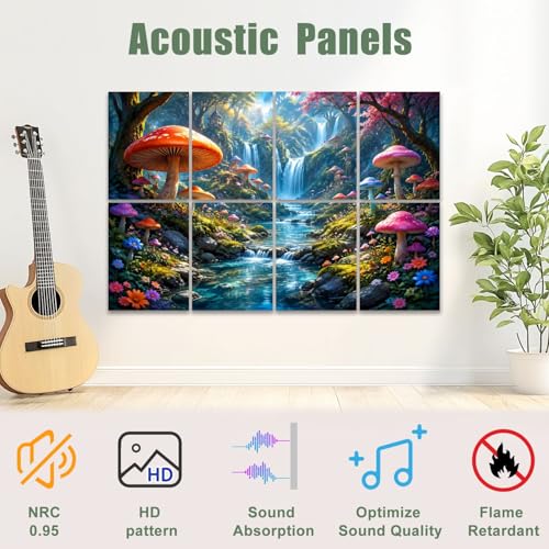 8 Pack Paneles Acústicos de Arte con Absorción de Sonido, Diseño de Bosque Fantasía con Hongos Gigantes Naranja y Rosa, Paneles Decorativos Autoadhesivos para Estudio de Grabación y Oficina 48"x32" miniatura 3