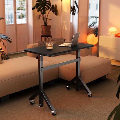 Image of HUANUO 32'' Small Standing Desk Adjustable Heigh, Mobile Stand Up Desk with Wheels, Portable Rolling Desks for Walking Pad and Treadmill, Computer Laptop Desks for Home Office Space