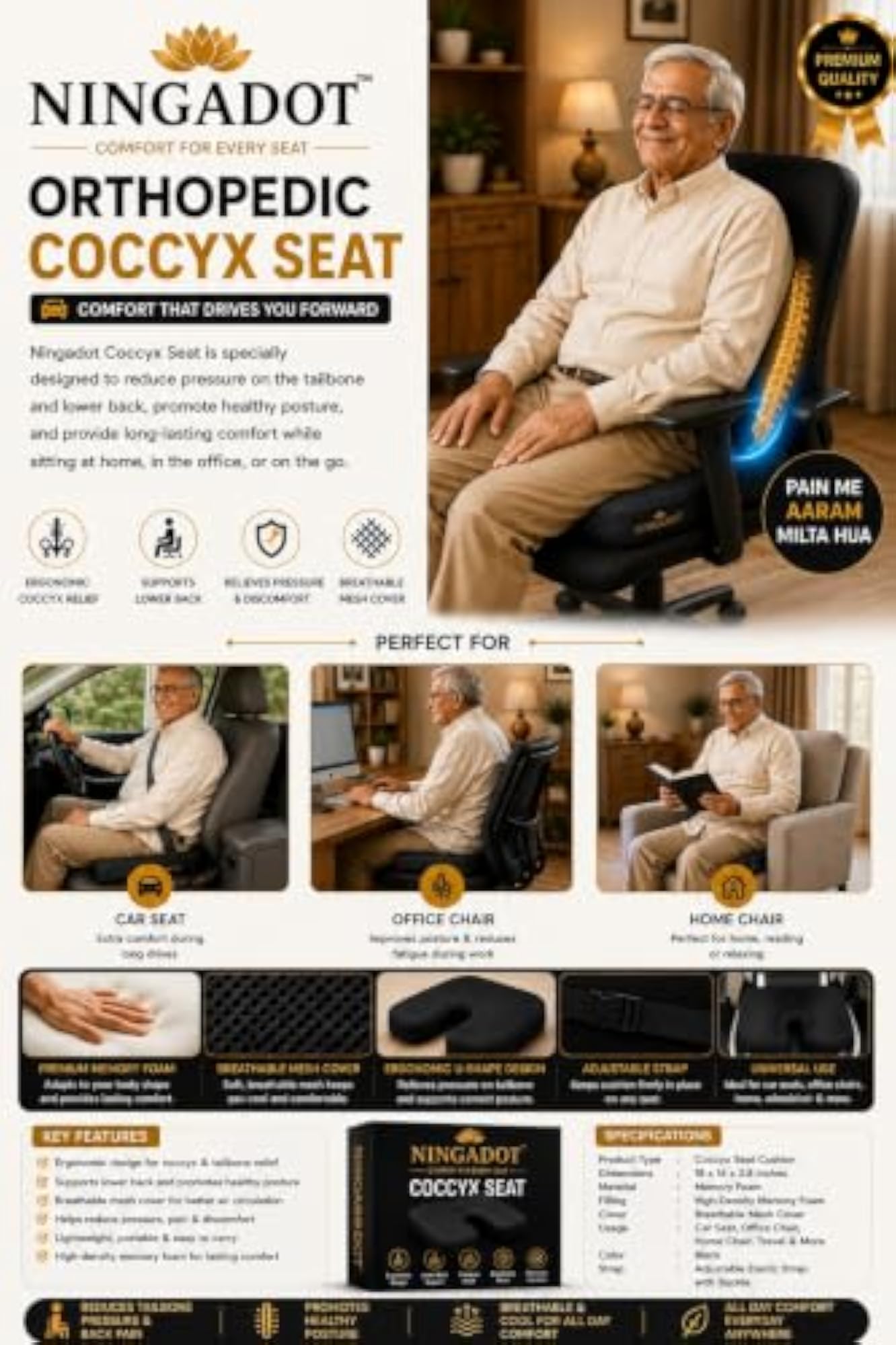Backfit Ergonomic U Shaped Orthopedic Chair Cushion
