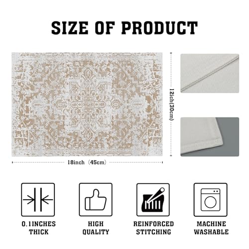 Image of Gray Khaki Boho Placemats Set of 6 Ethnic Bohemian Carpet Place Mats Washable Kitchen Dining Vintage Grey Geography Floral Linen Table Mats Stain Heat-Resistant for Home Party Indoor 12x18 in