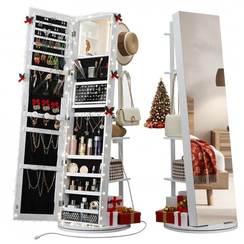 IRONCK 360° Swivel Mirrored Jewelry Cabinet with Full-Length Mirror, Charging Station, Lockable Standing Jewelry Organizer with Rear Storage Shelves, Interior Mirror, LED Lights, White