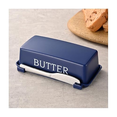 バター入れ(カバー付き・ナイフ付き)、食器洗い機対応のバター保存容器(蓋付き)−カウンタートップ・冷蔵庫用(濃青色)