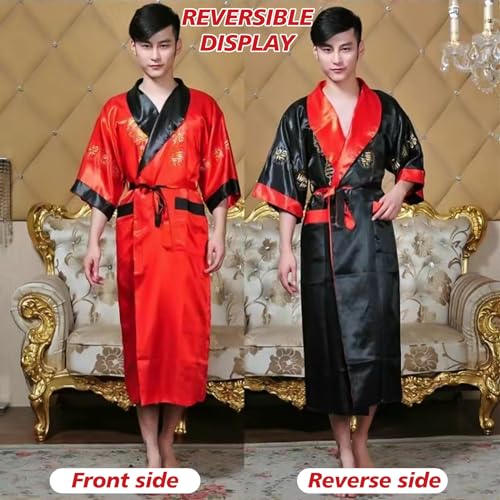 Mens Silk Kimono Robe Reversible Silk Bathrobes Chinese Dragon Kimono For Men with Belt3